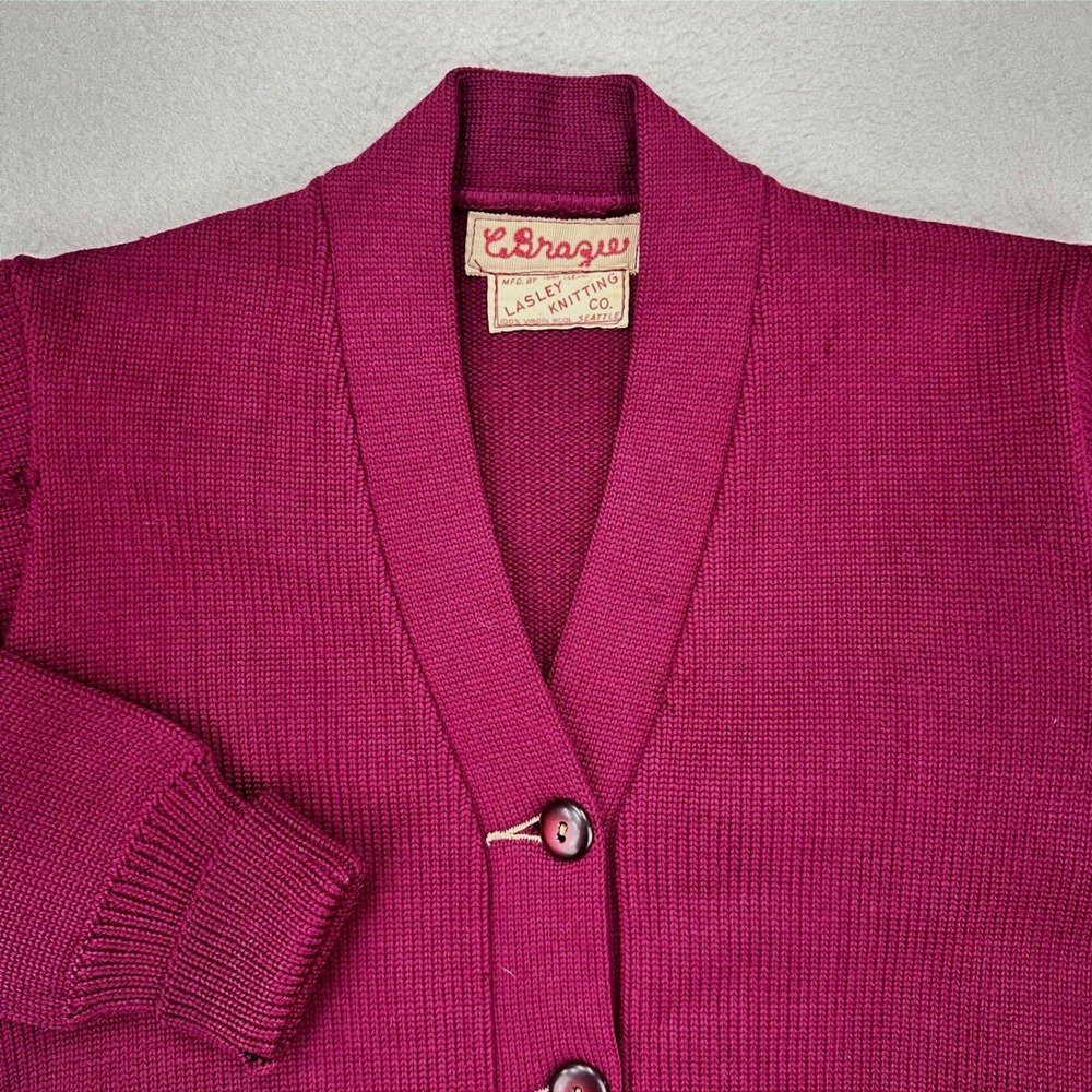 Vintage 60s Letterman Sweater Womens Medium* Burgundy Wool Knit Cardigan Seattle